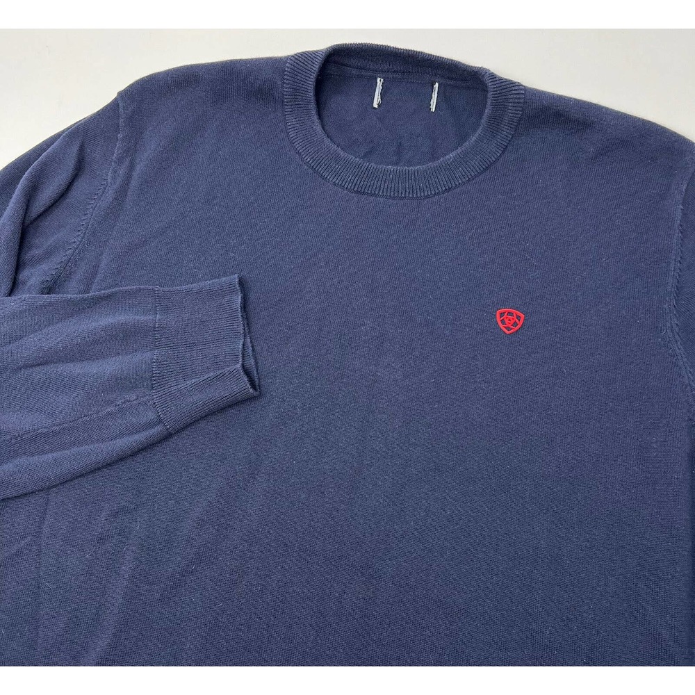 Ariat Navy Blue‎ Crew Neck Knit Sweater Men's Large Logo Cotton Modal Blend